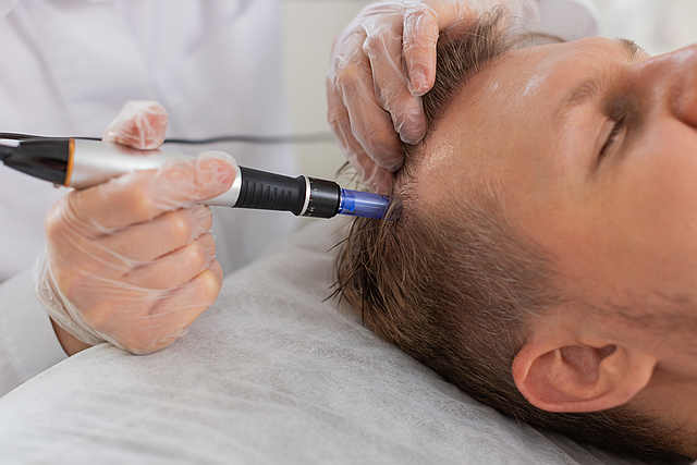 Trichologist doing man improve hair growth procedure, dermapen microneedling, vitamin injections
