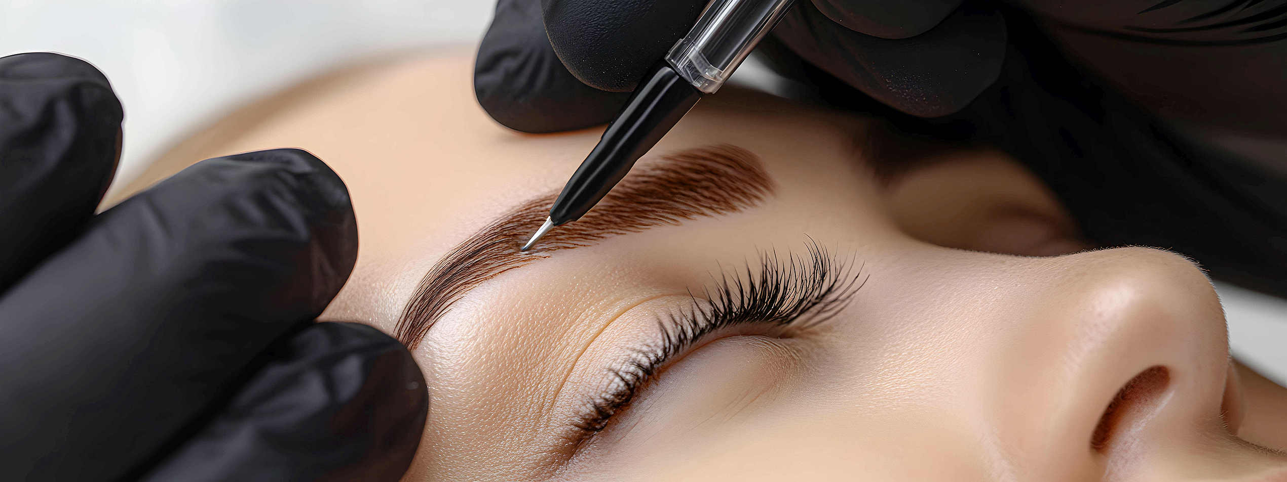 Permanent eyebrow makeup. Master in gloves applying paint with a needle on the eyebrows of a girl. Eyebrow tattoo concept.